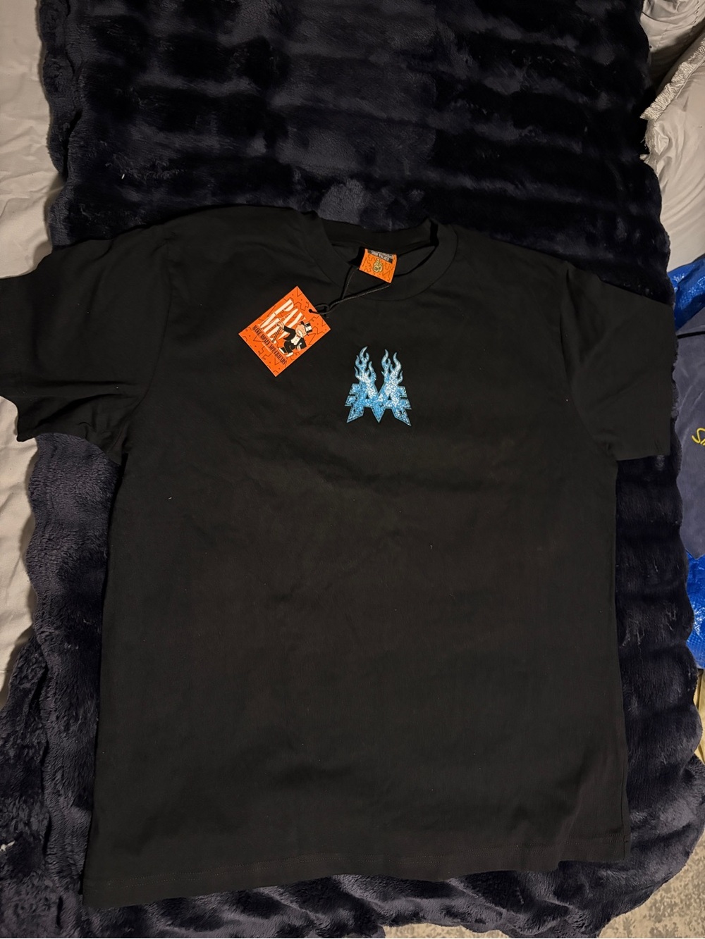 Men's Black Short Sleeve Tee with Blue Flame Crest